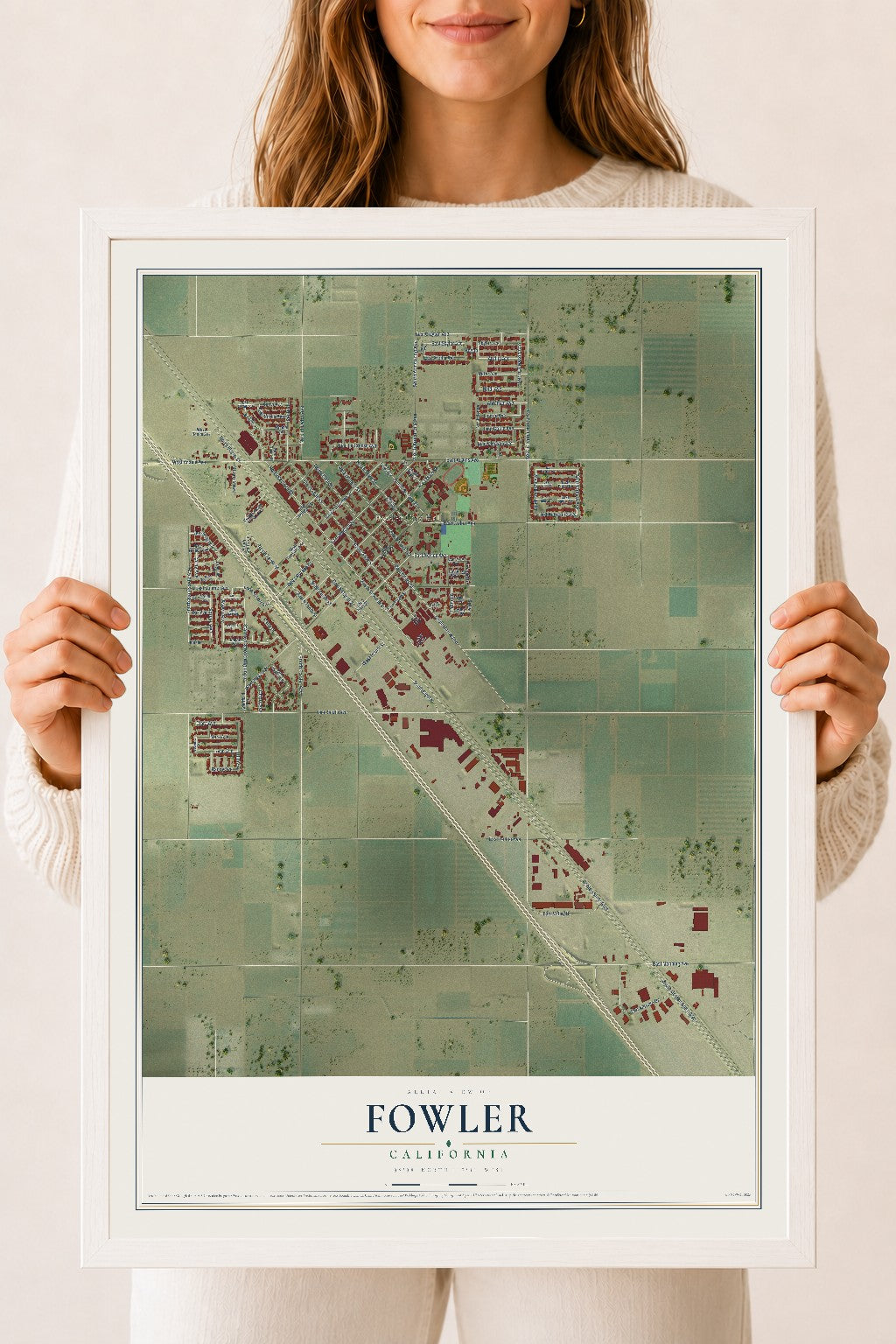 Map of Fowler, California, 18 x 24 inch print in a white wood frame
