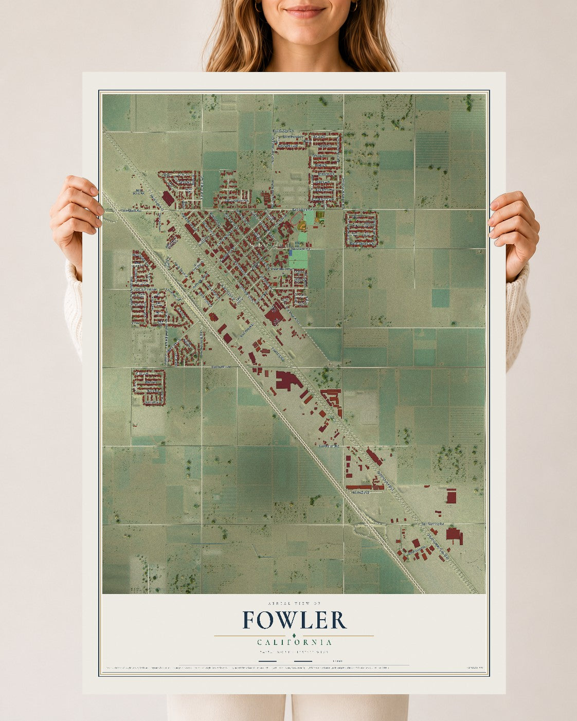 Map of Fowler, California, 24 x 36 inch unframed archival matte print