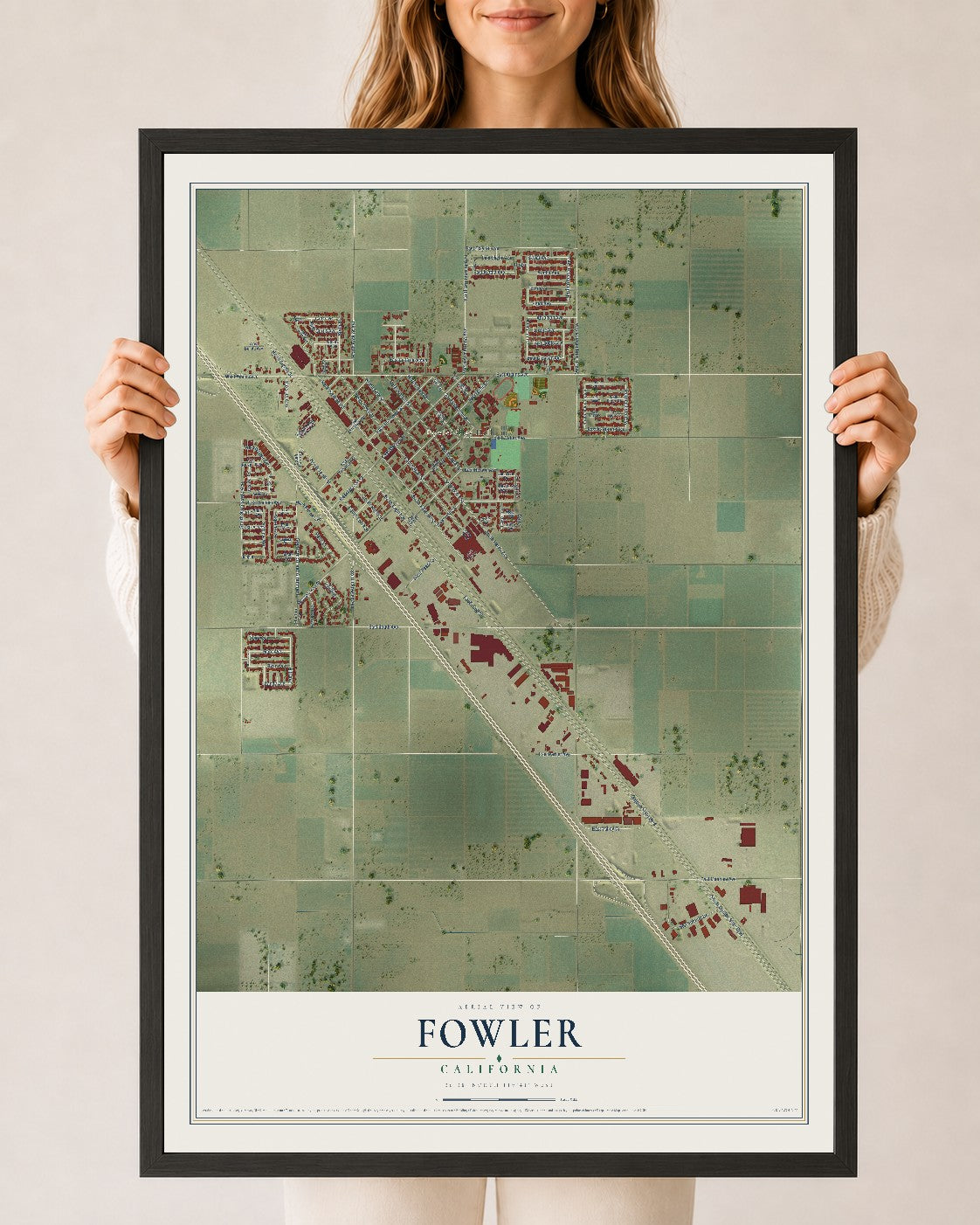 Map of Fowler, California, 24 x 36 inch print in a black wood frame
