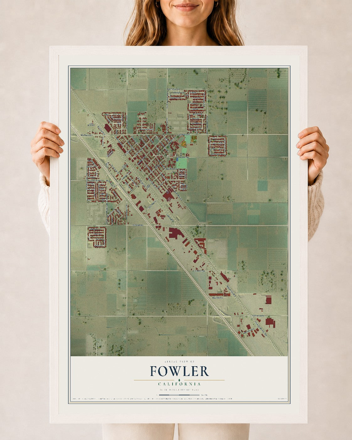 Map of Fowler, California, 24 x 36 inch print in a white wood frame