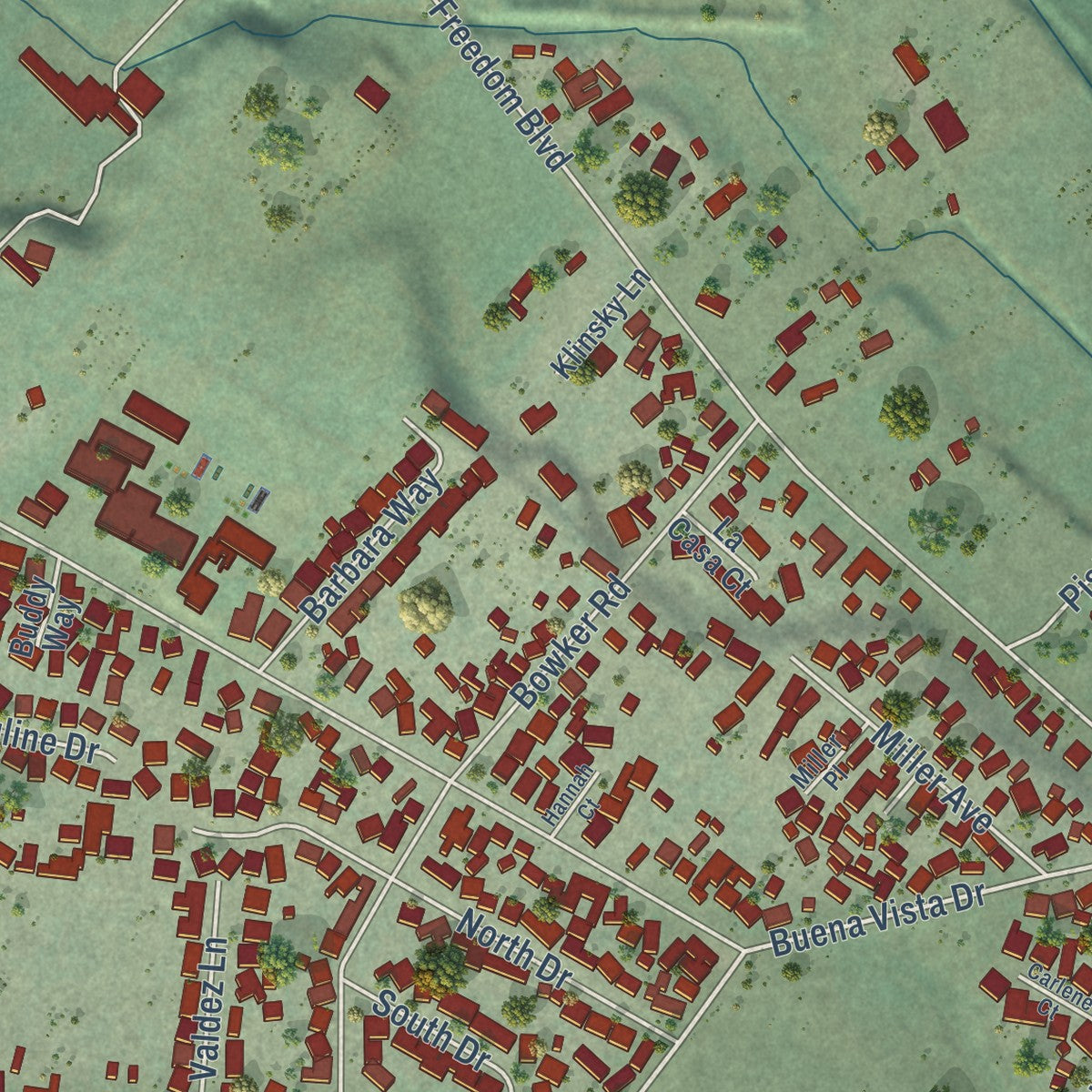 Close-up of the map of Freedom, California print showing street and building detail