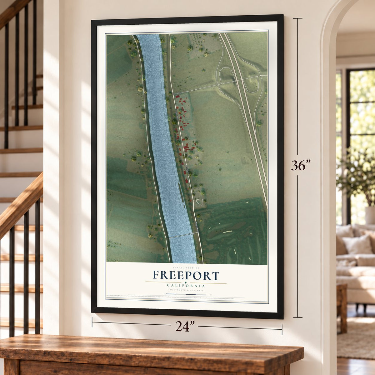 Freeport, California map, 24 x 36 inch print in a black frame by a staircase
