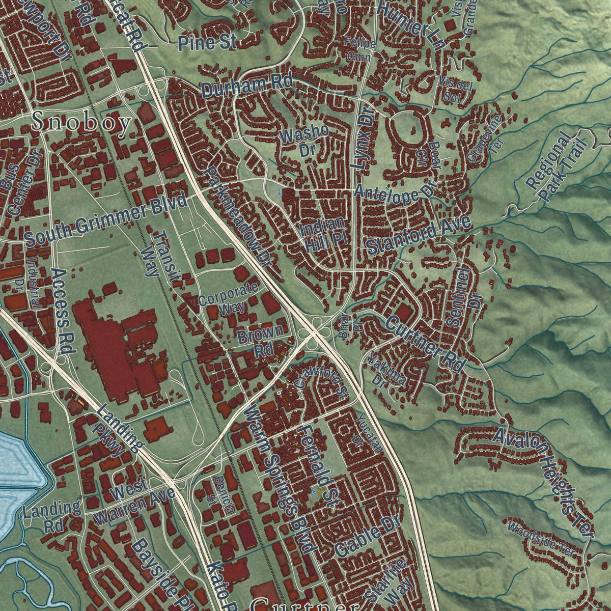 Second close-up of the map of Fremont, California print showing more streets and buildings