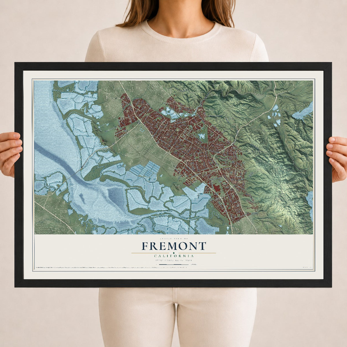 Map of Fremont, California, 18 x 24 inch print in a black wood frame