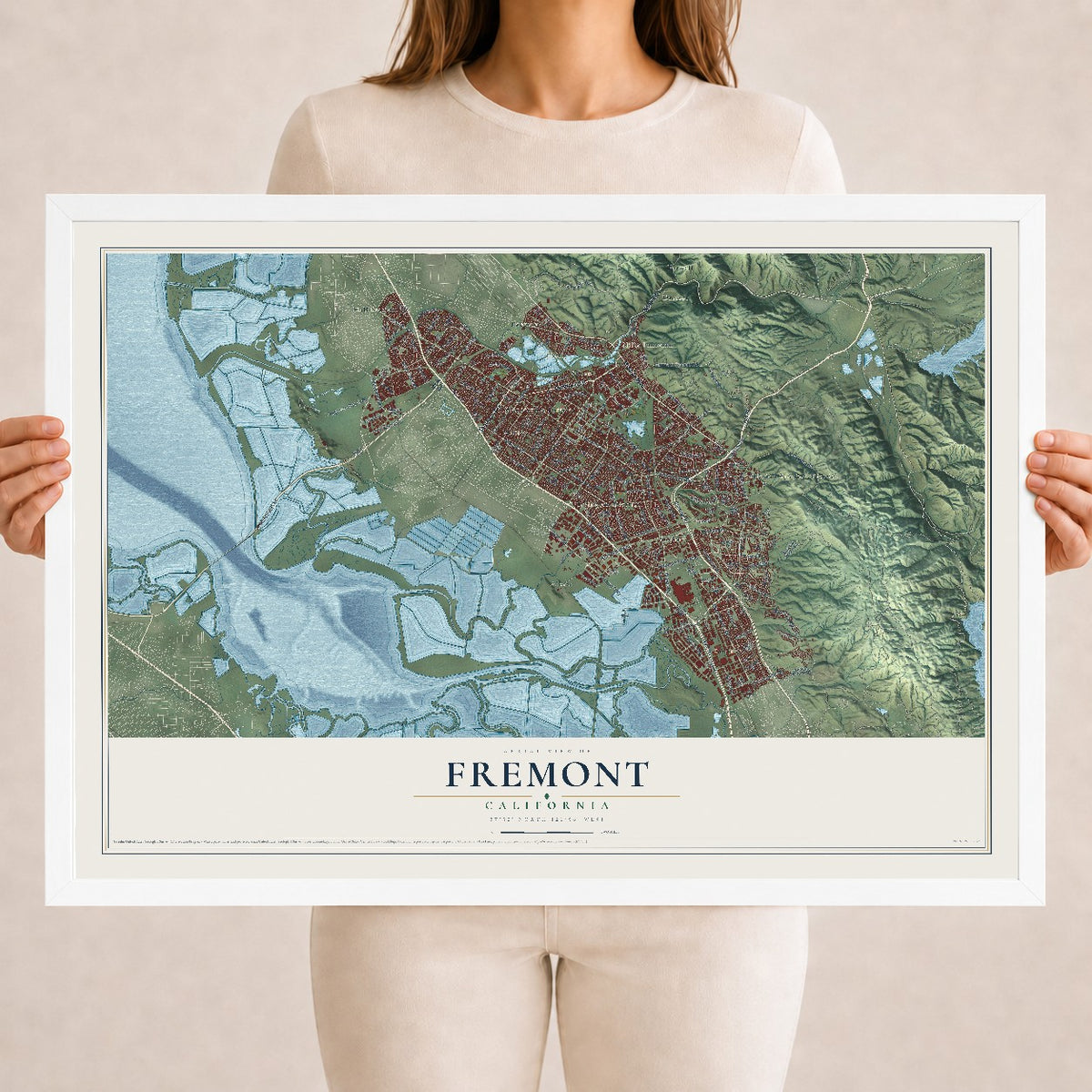 Map of Fremont, California, 18 x 24 inch print in a white wood frame
