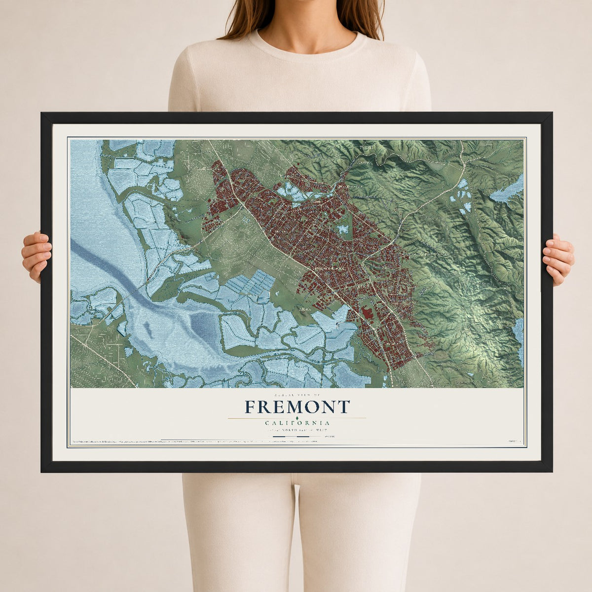 Map of Fremont, California, 24 x 36 inch print in a black wood frame
