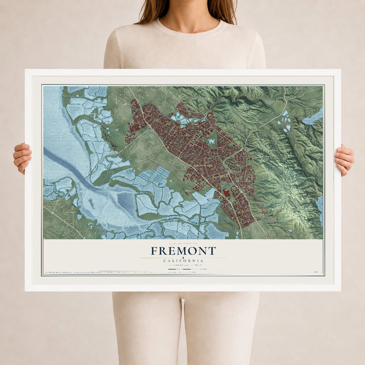 Map of Fremont, California, 24 x 36 inch print in a white wood frame