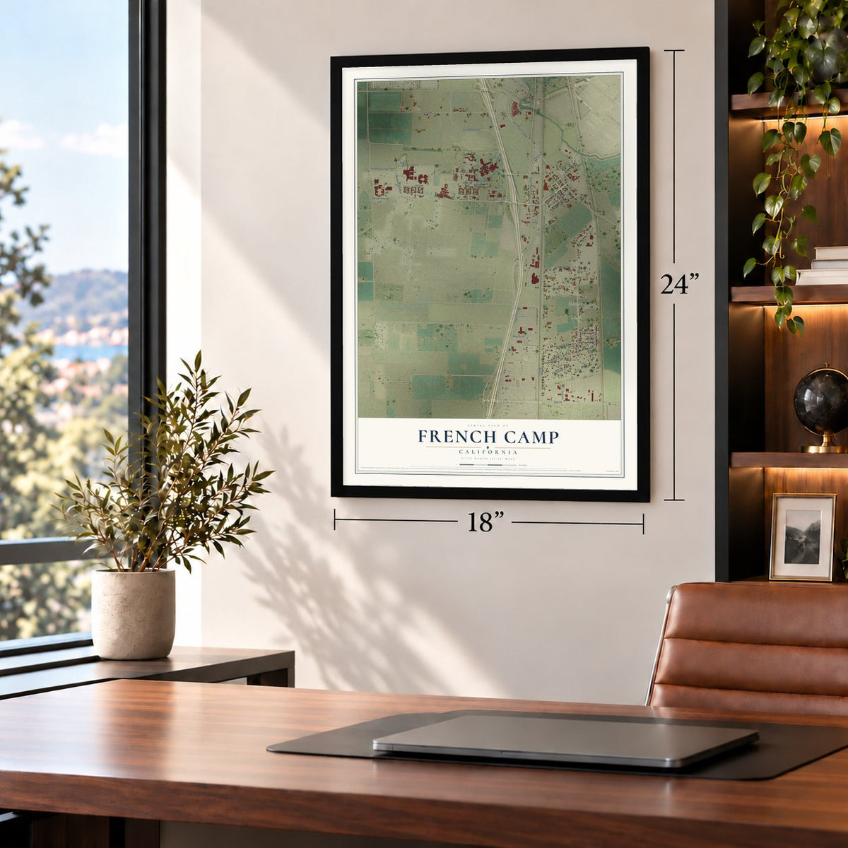 French Camp, California map, 18 x 24 inch print in a black frame in a home office