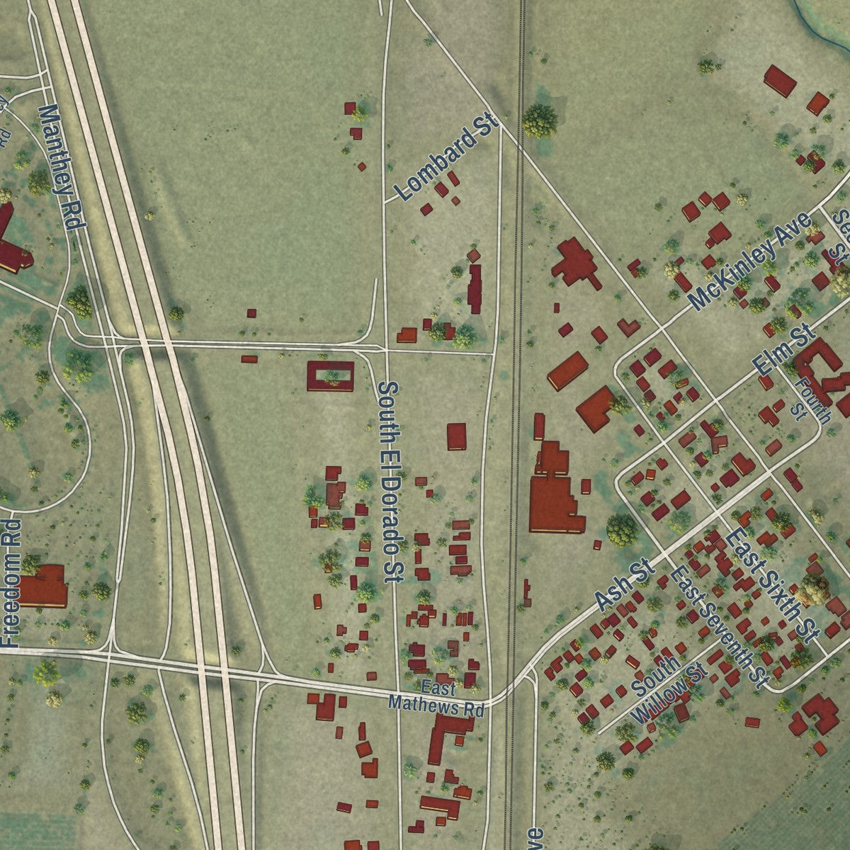 Close-up of the map of French Camp, California print showing street and building detail
