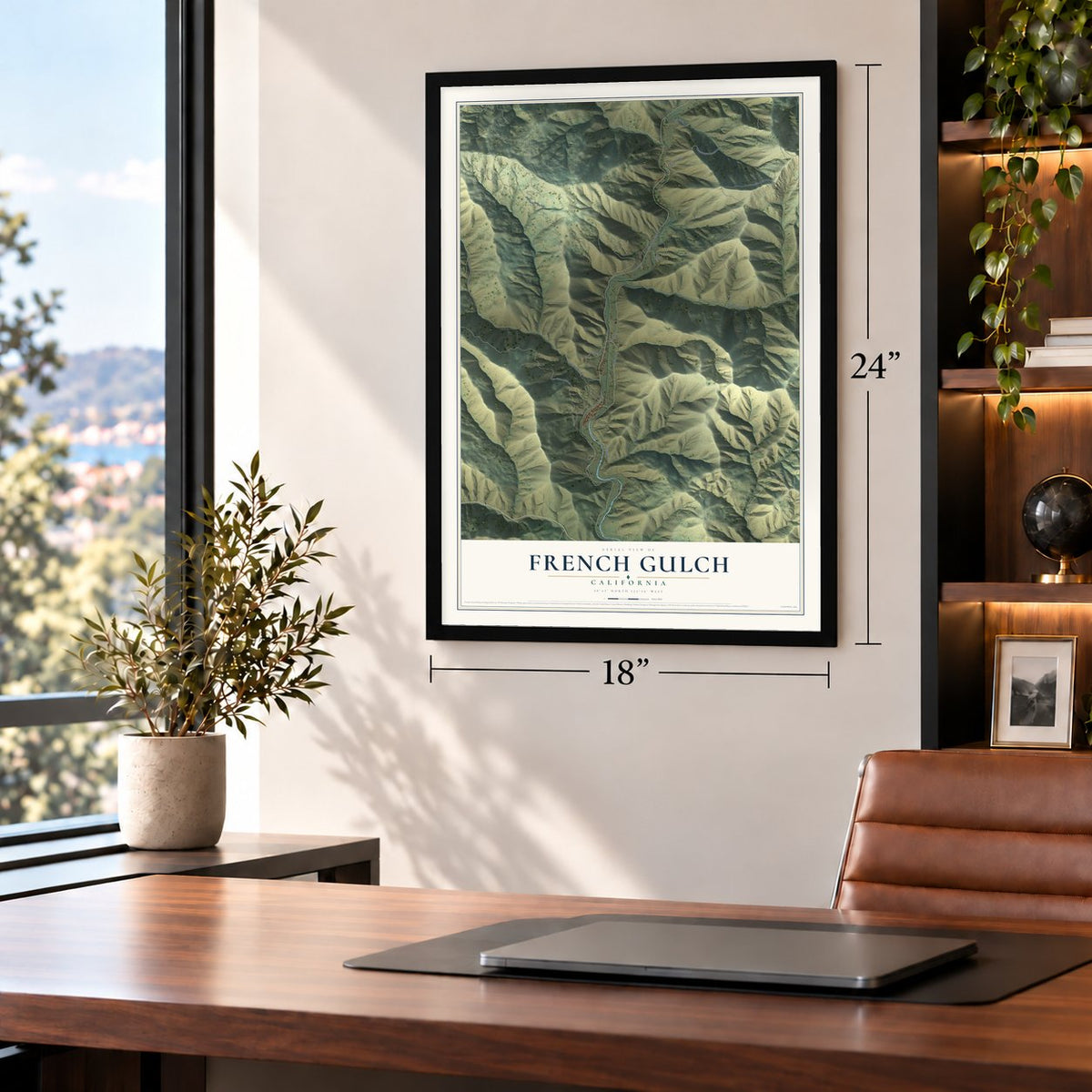 French Gulch, California map, 18 x 24 inch print in a black frame in a home office
