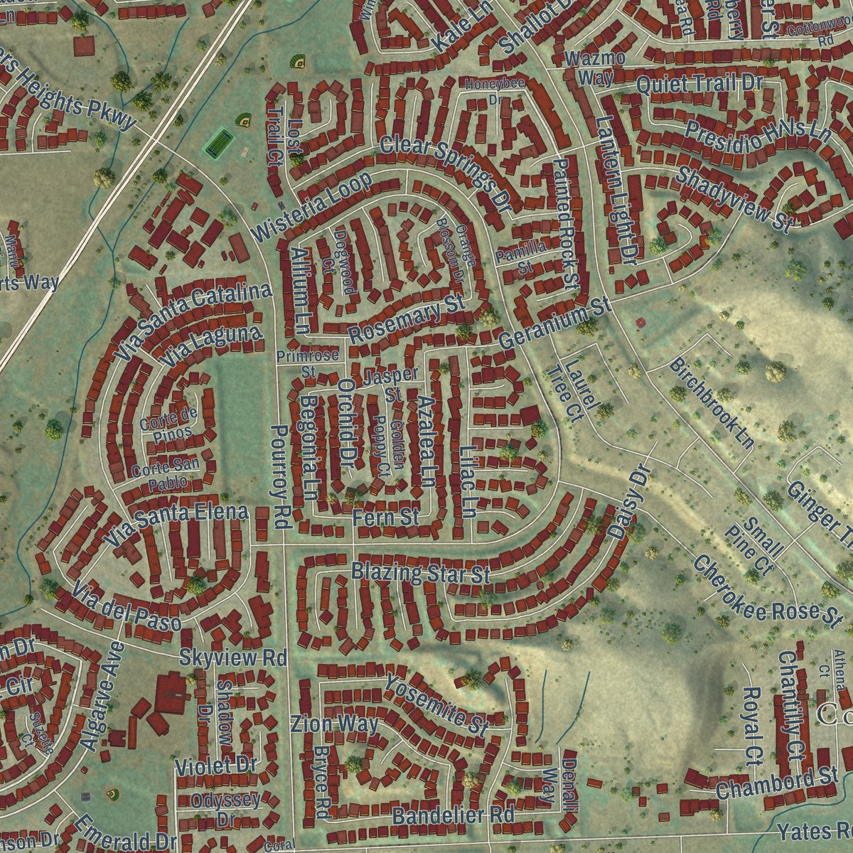 Close-up of the map of French Valley, California print showing street and building detail