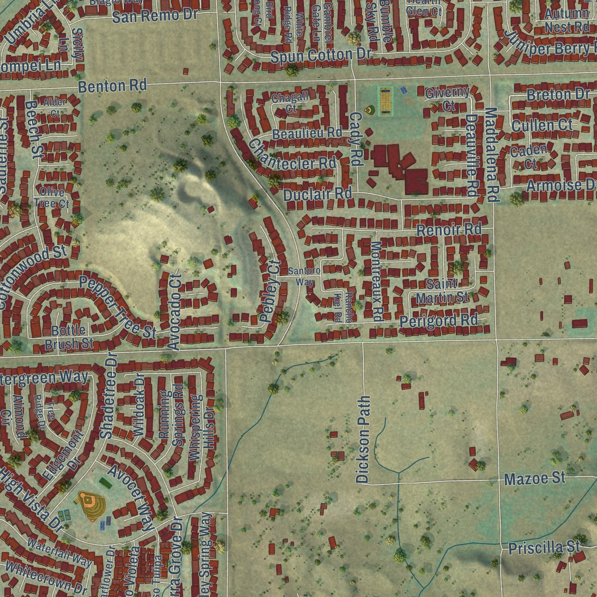 Second close-up of the map of French Valley, California print showing more streets and buildings