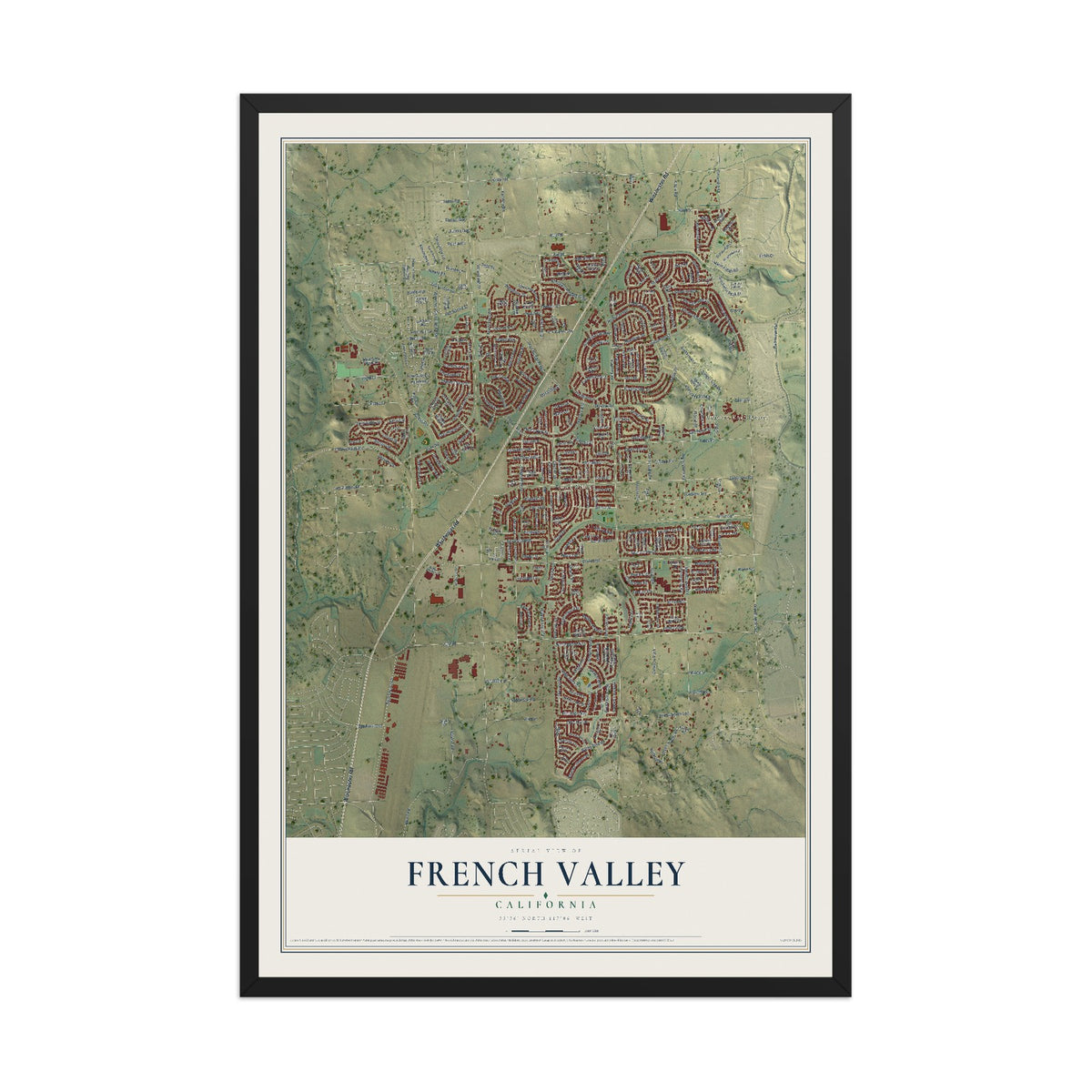 Map of French Valley, California, 12 x 18 inch print in a black wood frame