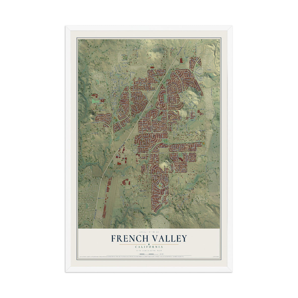 Map of French Valley, California, 12 x 18 inch print in a white wood frame