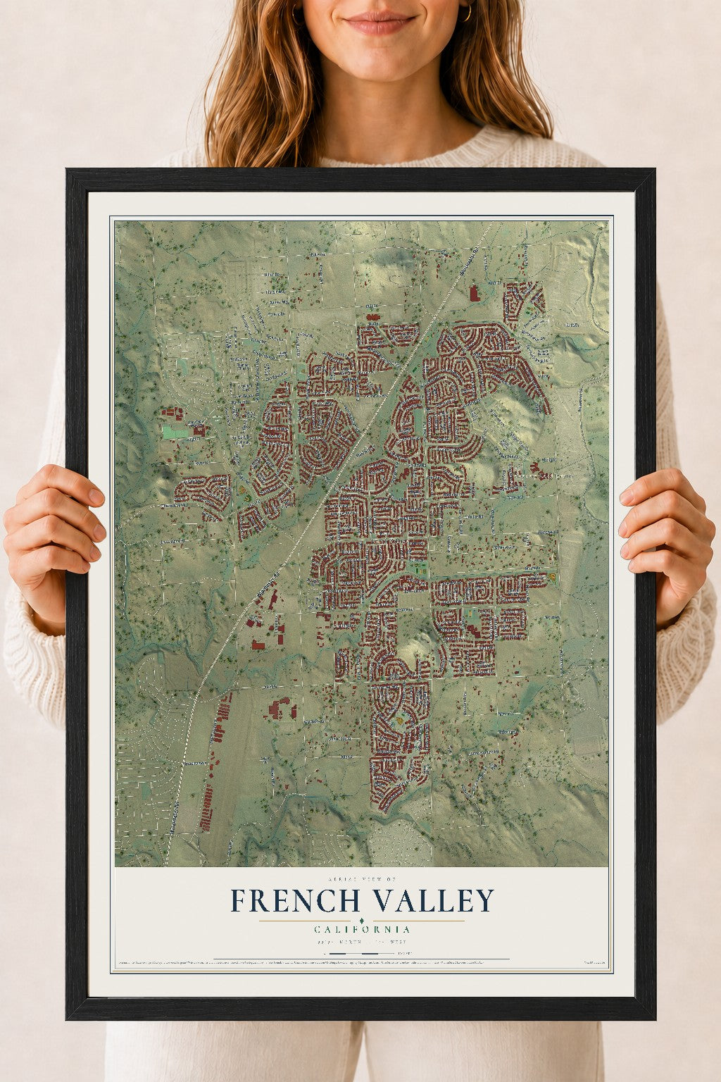 Map of French Valley, California, 18 x 24 inch print in a black wood frame
