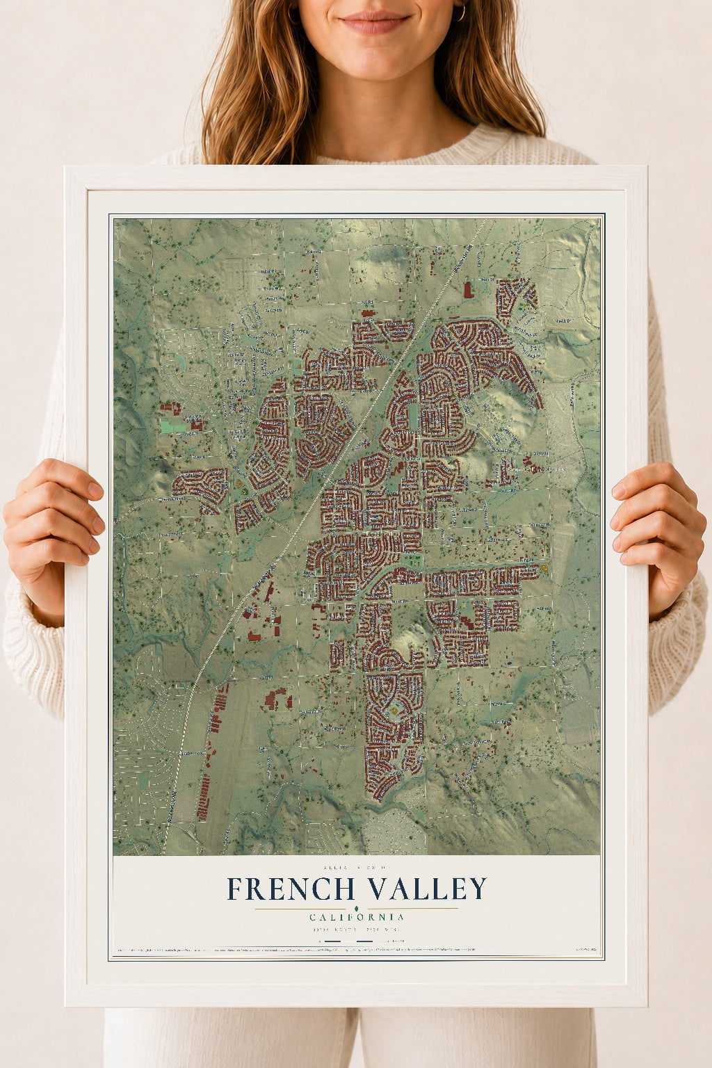 Map of French Valley, California, 18 x 24 inch print in a white wood frame
