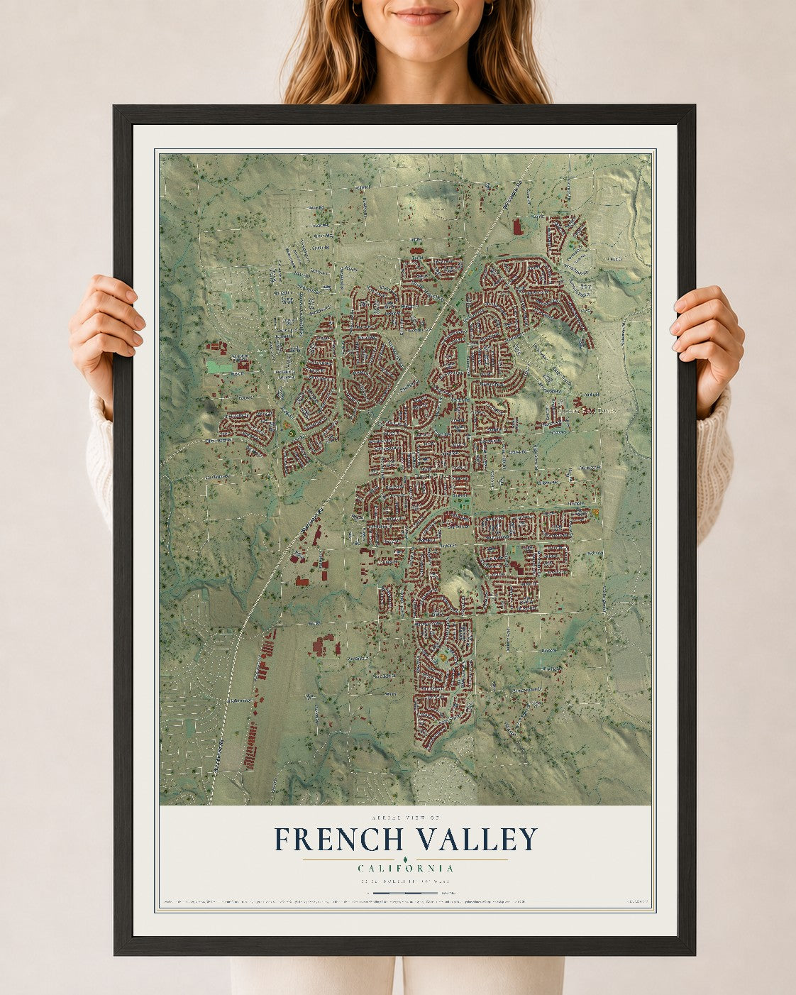 Map of French Valley, California, 24 x 36 inch print in a black wood frame