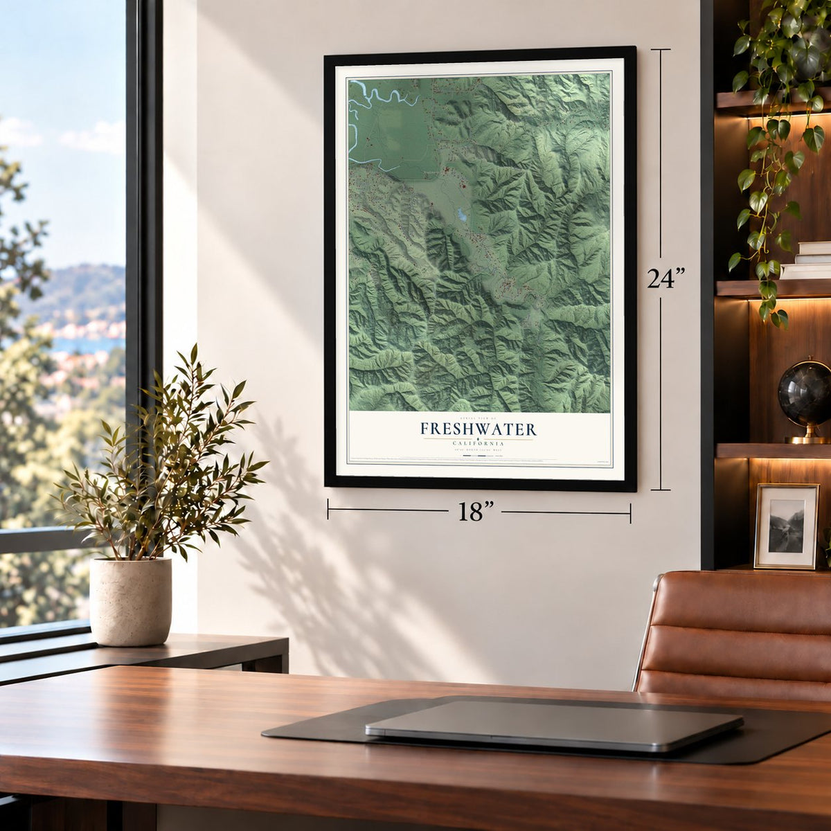 Freshwater, California map, 18 x 24 inch print in a black frame in a home office