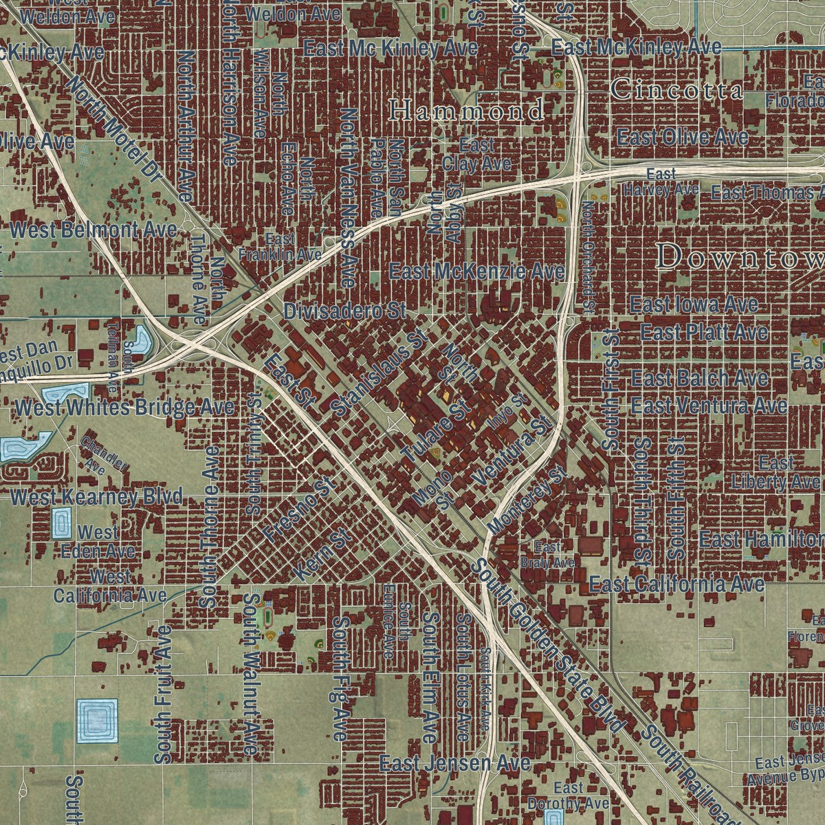 Close-up of the map of Fresno, California print showing street and building detail