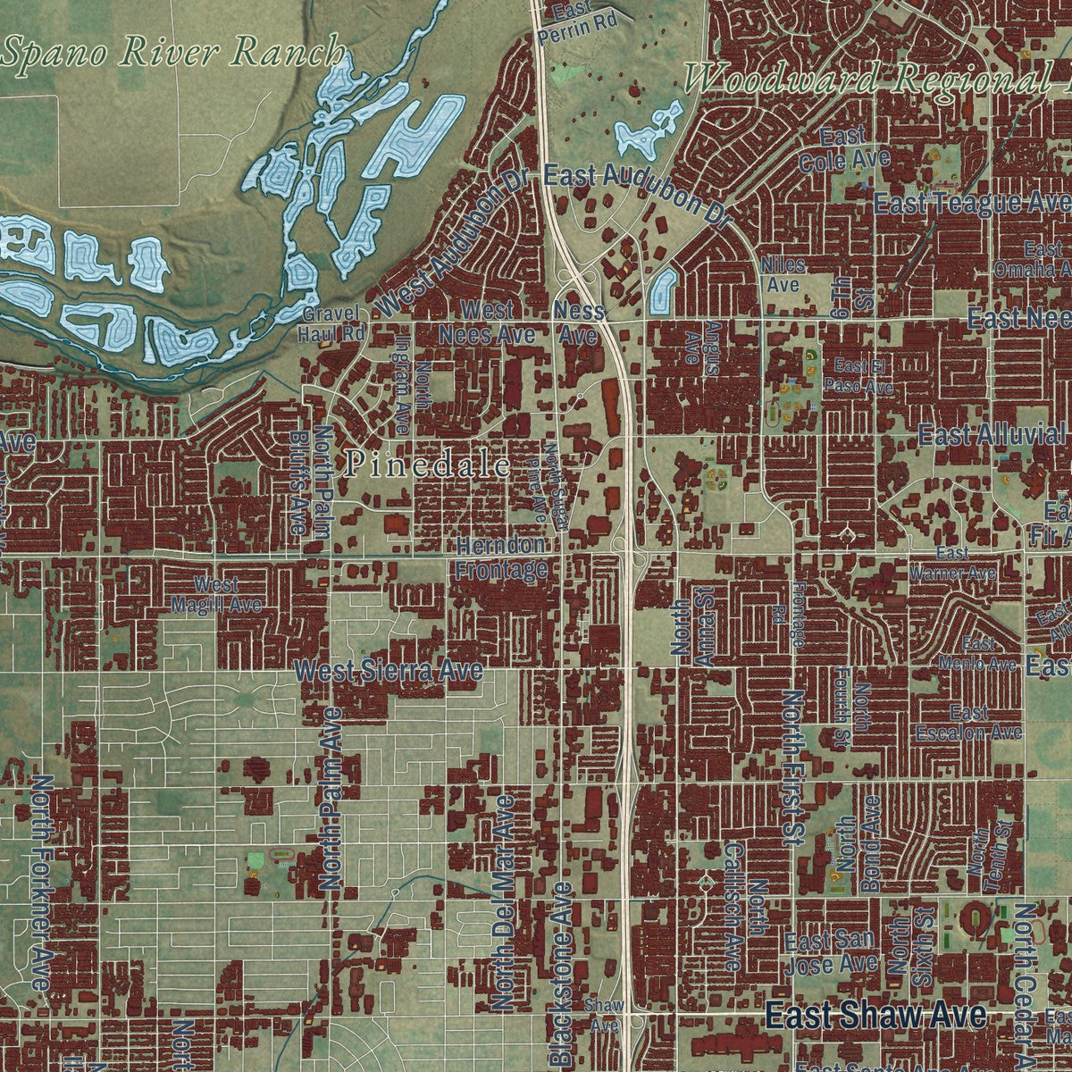 Second close-up of the map of Fresno, California print showing more streets and buildings
