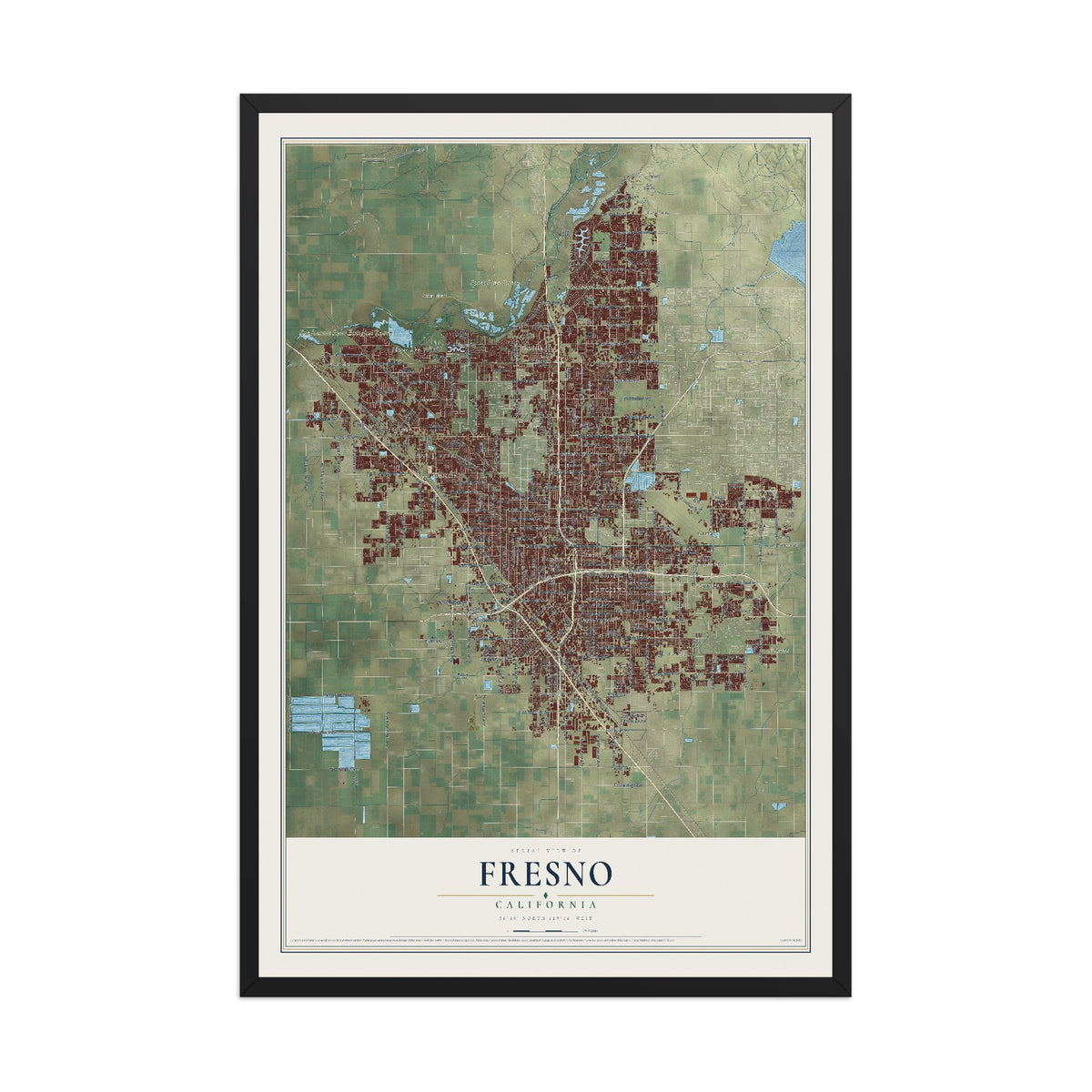 Map of Fresno, California, 12 x 18 inch print in a black wood frame