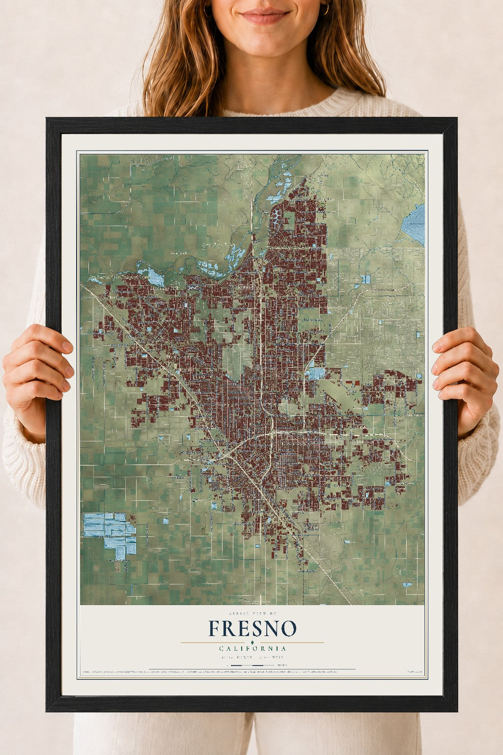 Map of Fresno, California, 18 x 24 inch print in a black wood frame