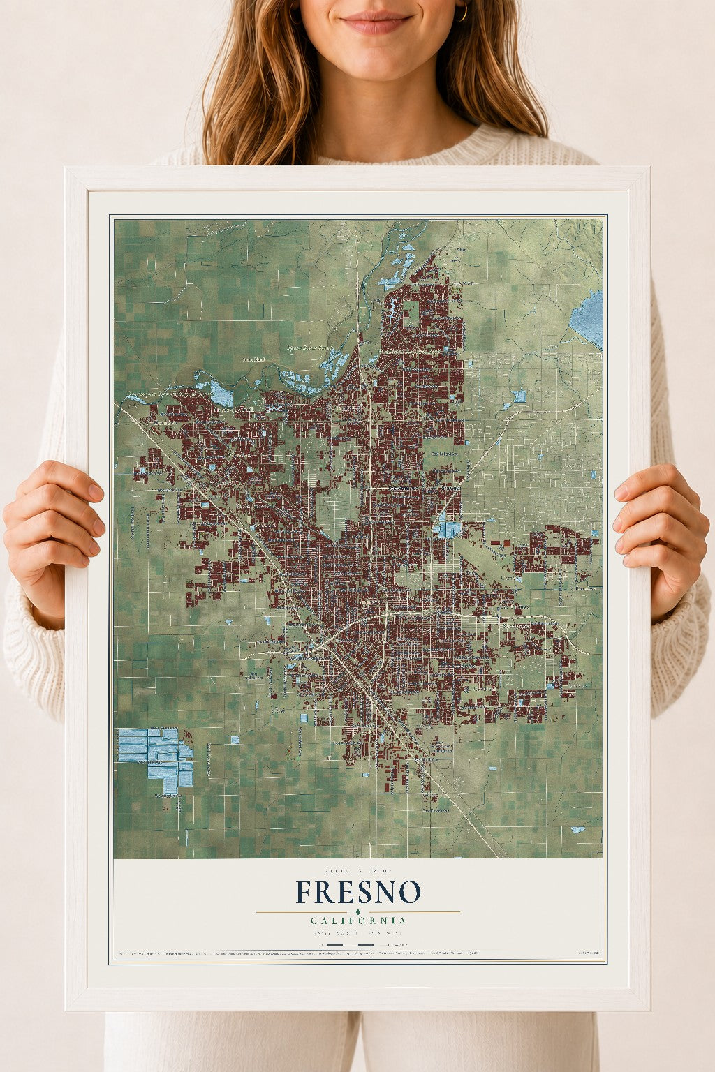 Map of Fresno, California, 18 x 24 inch print in a white wood frame
