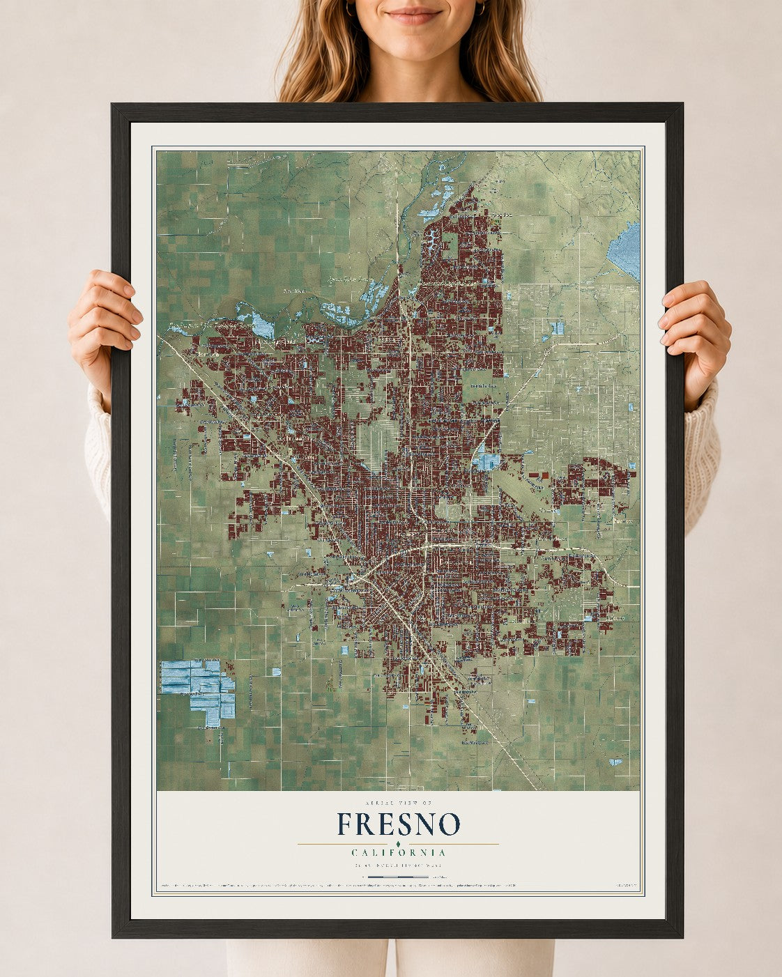 Map of Fresno, California, 24 x 36 inch print in a black wood frame