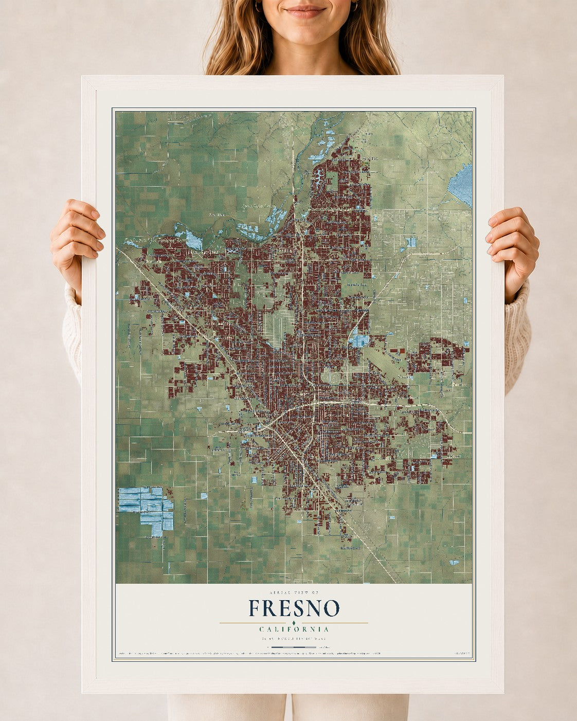Map of Fresno, California, 24 x 36 inch print in a white wood frame