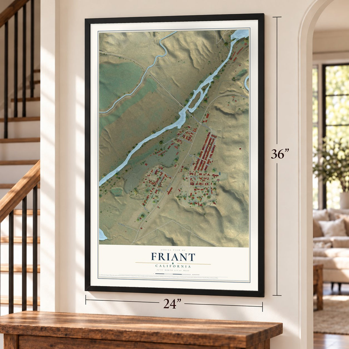 Friant, California map, 24 x 36 inch print in a black frame by a staircase