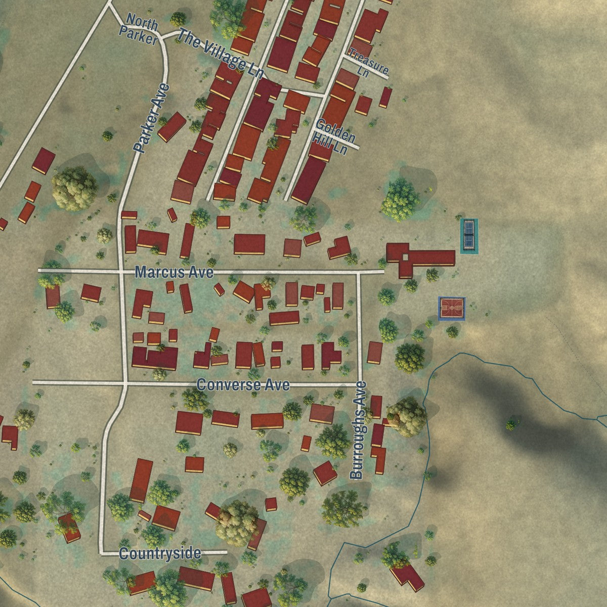 Close-up of the map of Friant, California print showing street and building detail