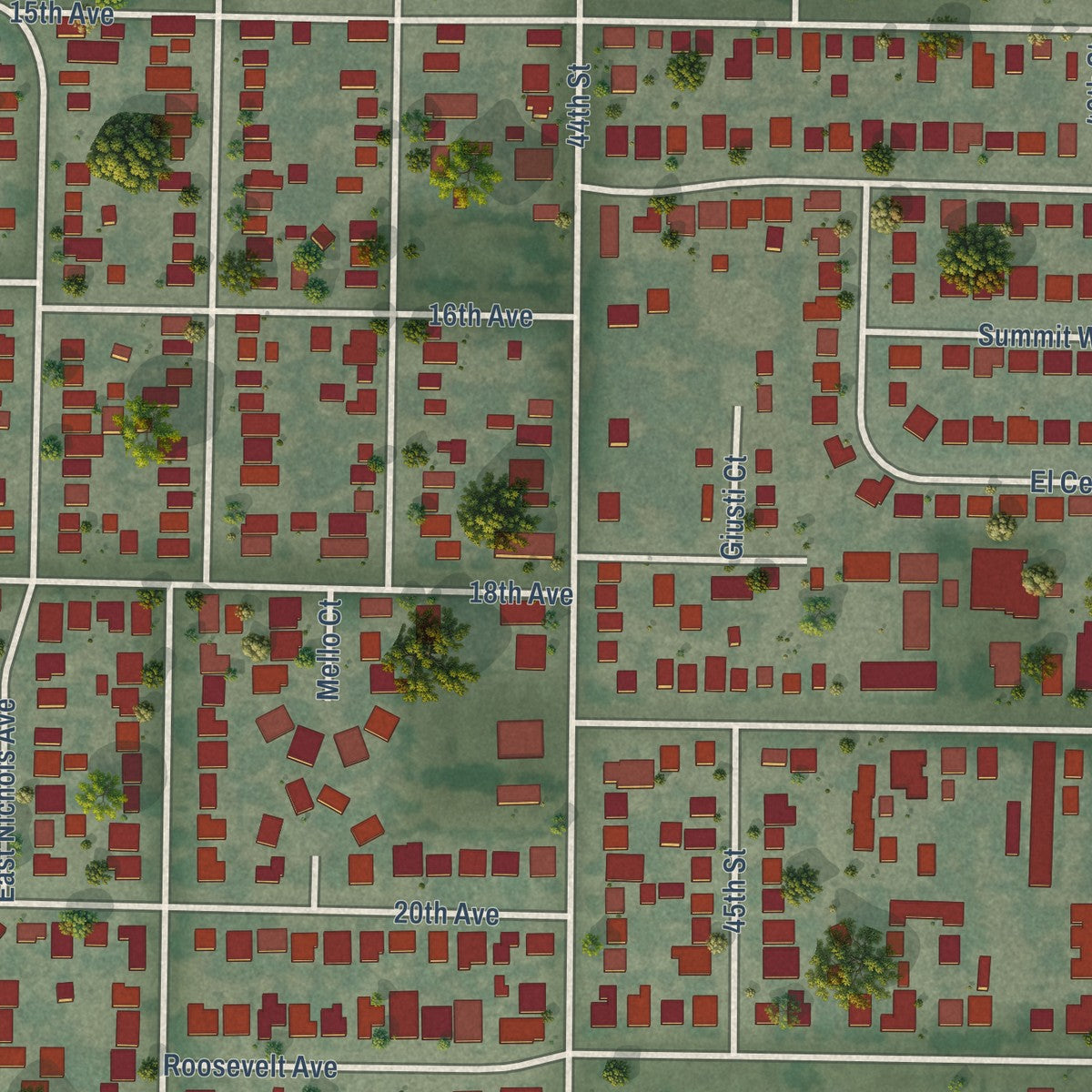 Close-up of the map of Fruitridge Pocket, California print showing street and building detail