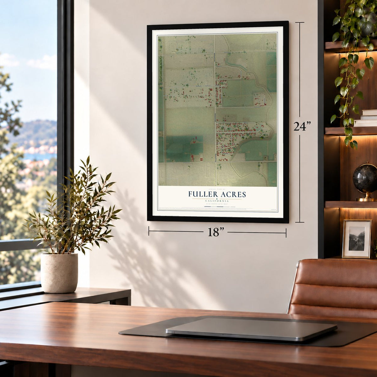 Fuller Acres, California map, 18 x 24 inch print in a black frame in a home office