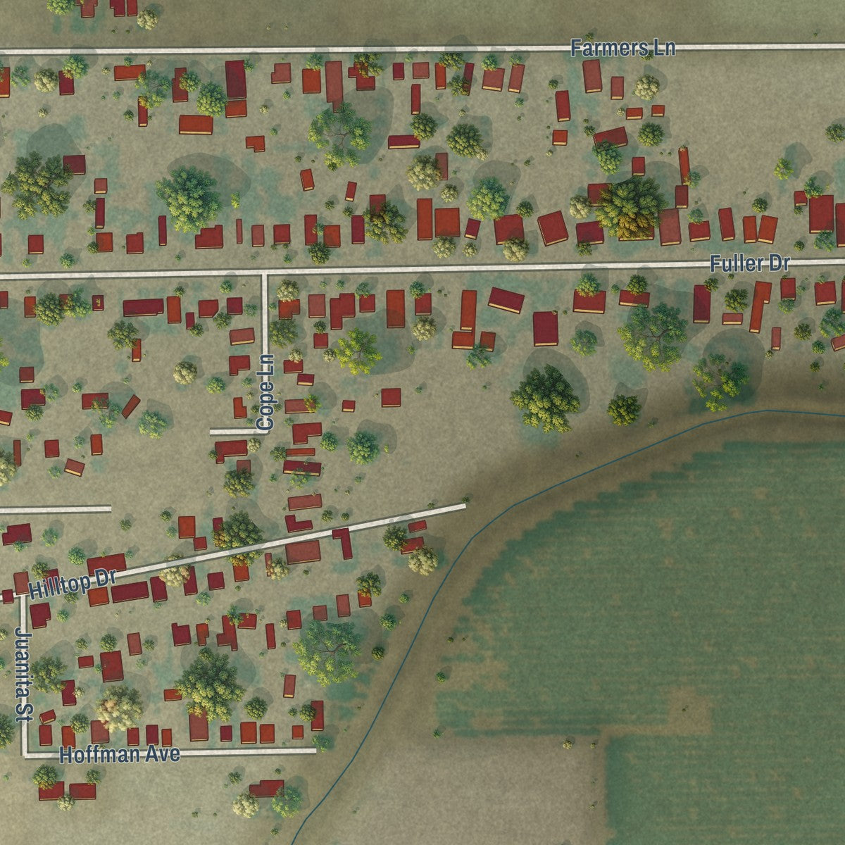 Close-up of the map of Fuller Acres, California print showing street and building detail