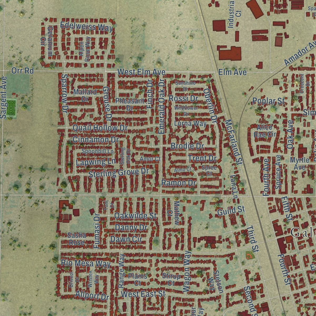 Close-up of the map of Galt, California print showing street and building detail