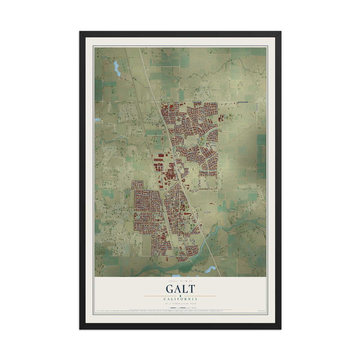 Map of Galt, California, 12 x 18 inch print in a black wood frame