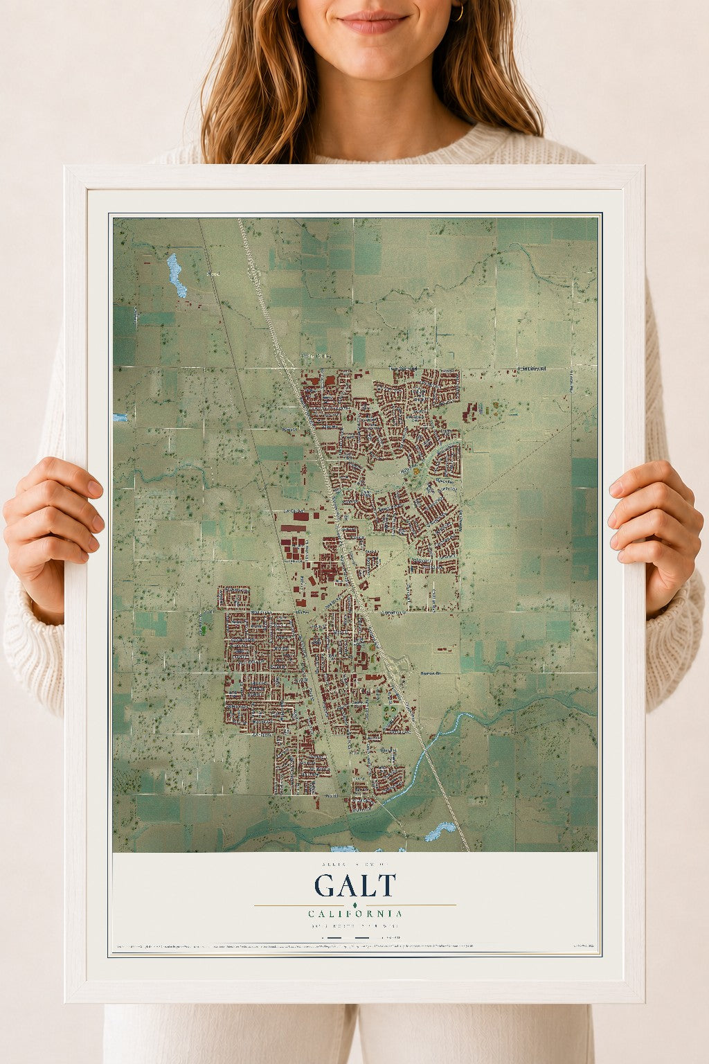 Map of Galt, California, 18 x 24 inch print in a white wood frame