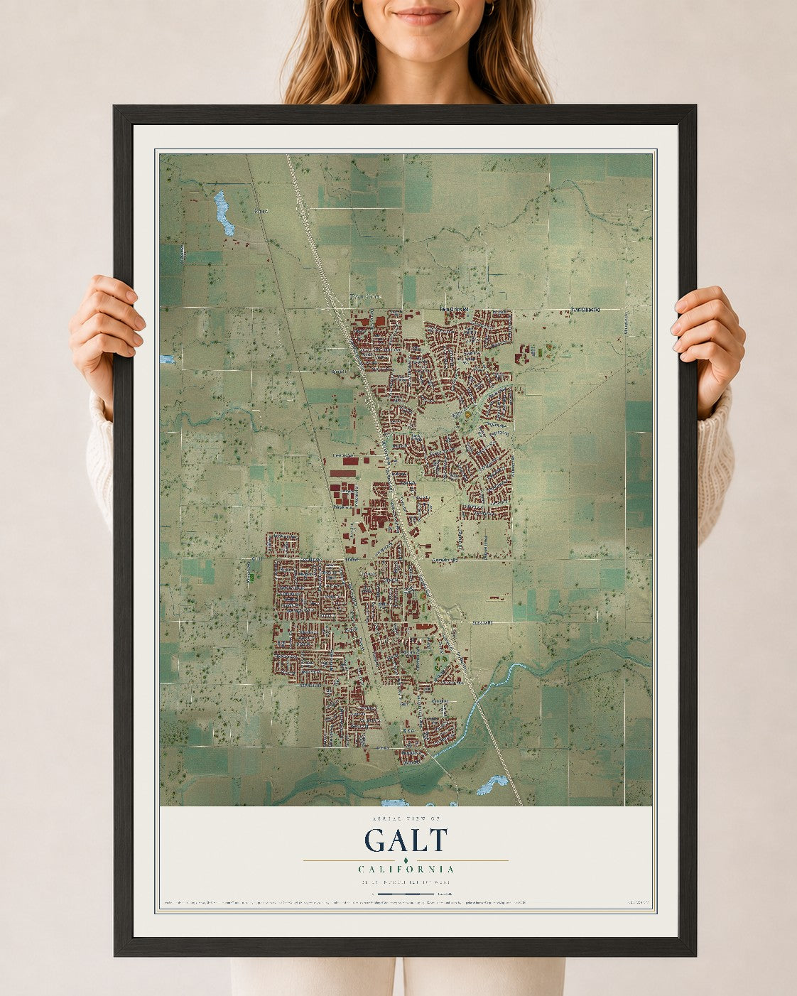 Map of Galt, California, 24 x 36 inch print in a black wood frame