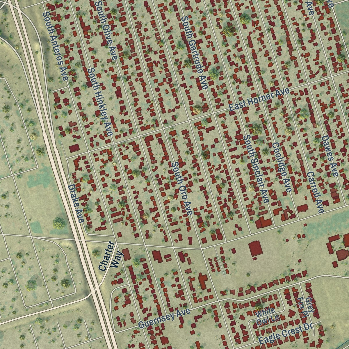 Close-up of the map of Garden Acres, California print showing street and building detail