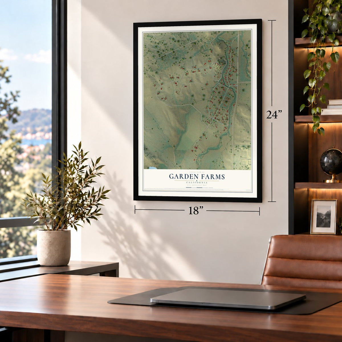 Garden Farms, California map, 18 x 24 inch print in a black frame in a home office