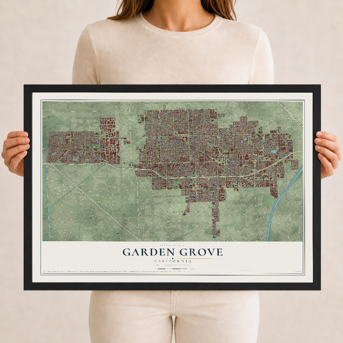 Map of Garden Grove, California, 12 x 18 inch print in a black wood frame