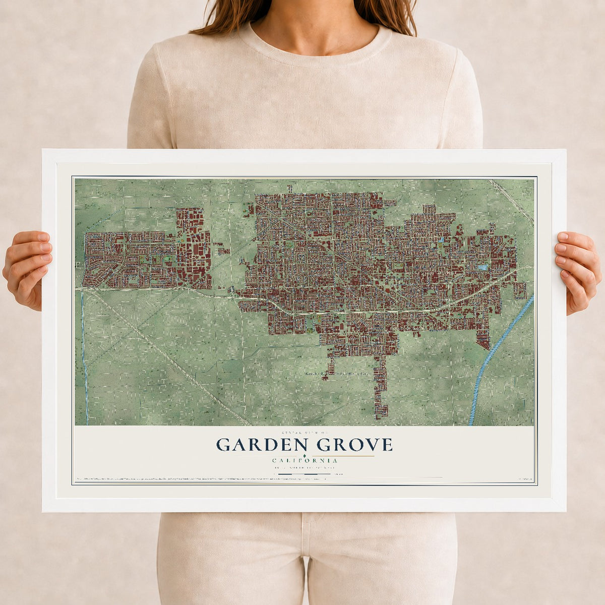 Map of Garden Grove, California, 12 x 18 inch print in a white wood frame