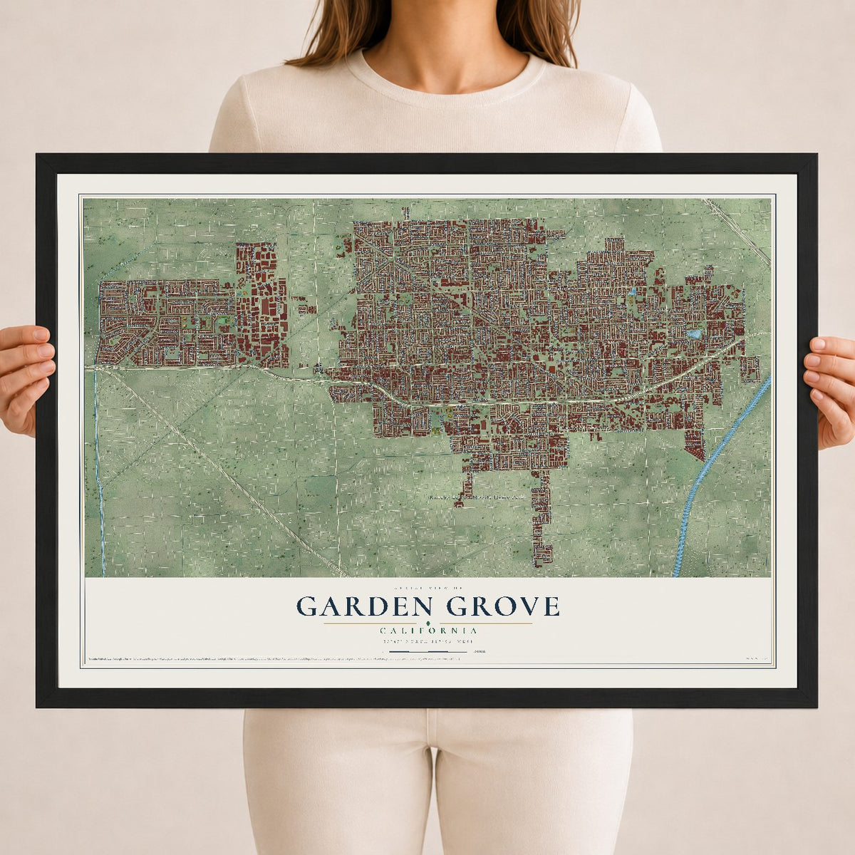 Map of Garden Grove, California, 18 x 24 inch print in a black wood frame