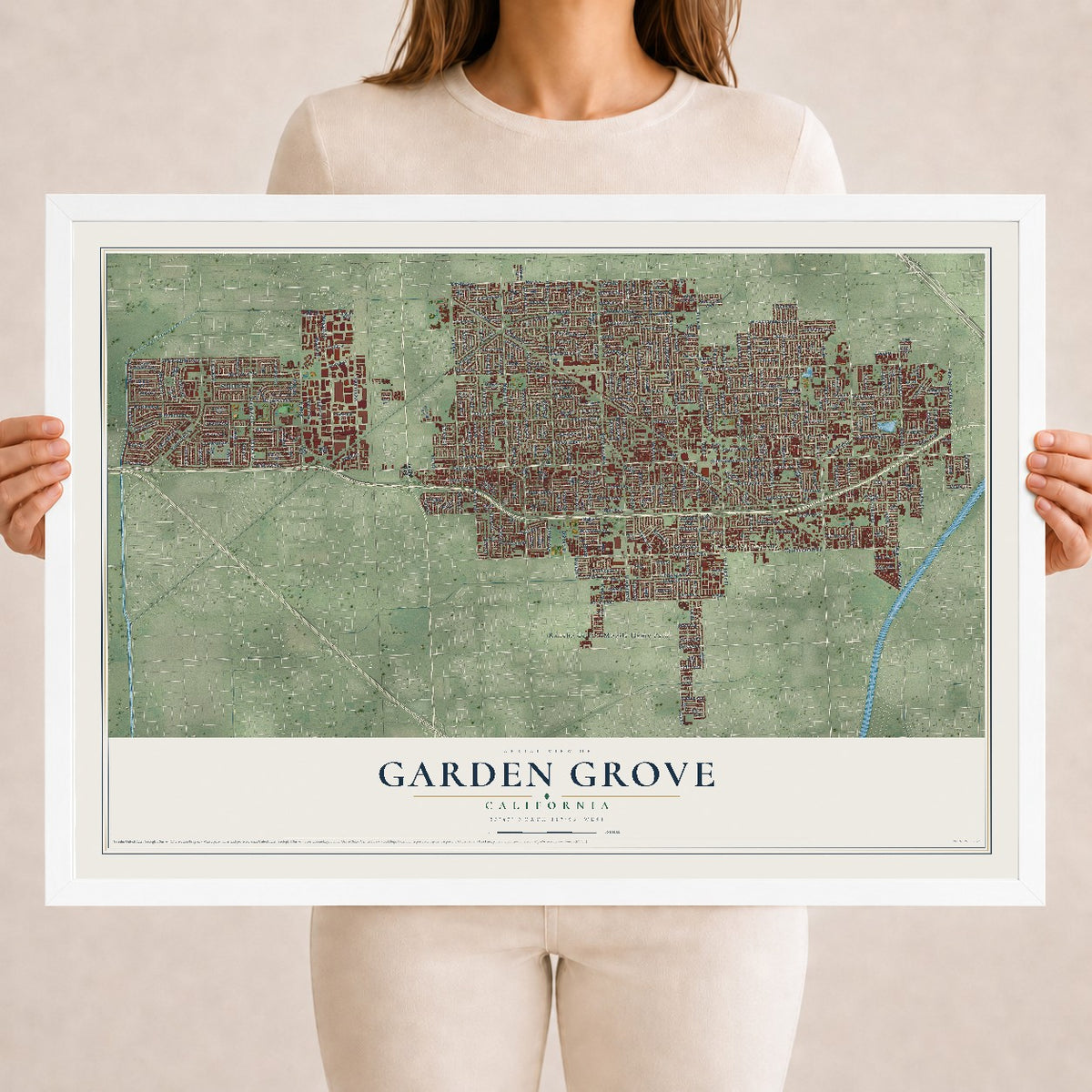 Map of Garden Grove, California, 18 x 24 inch print in a white wood frame