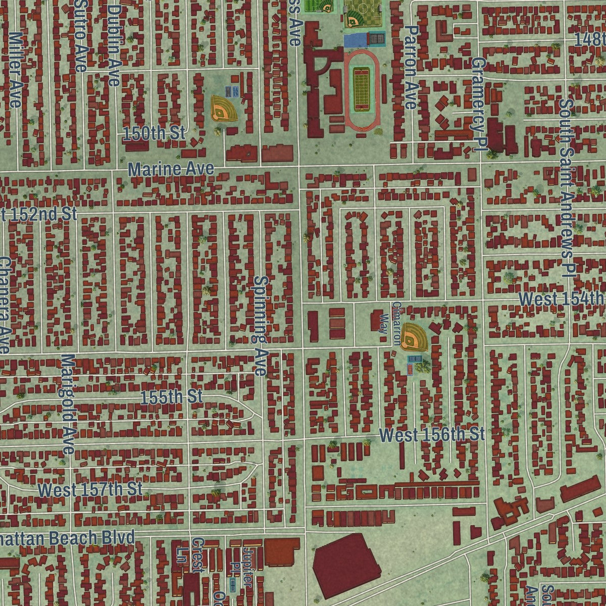 Close-up of the map of Gardena, California print showing street and building detail