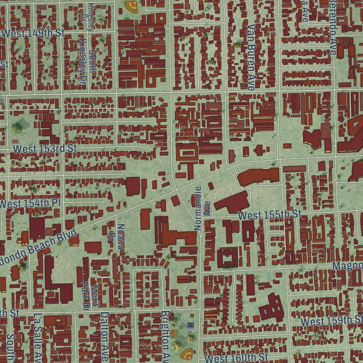 Second close-up of the map of Gardena, California print showing more streets and buildings