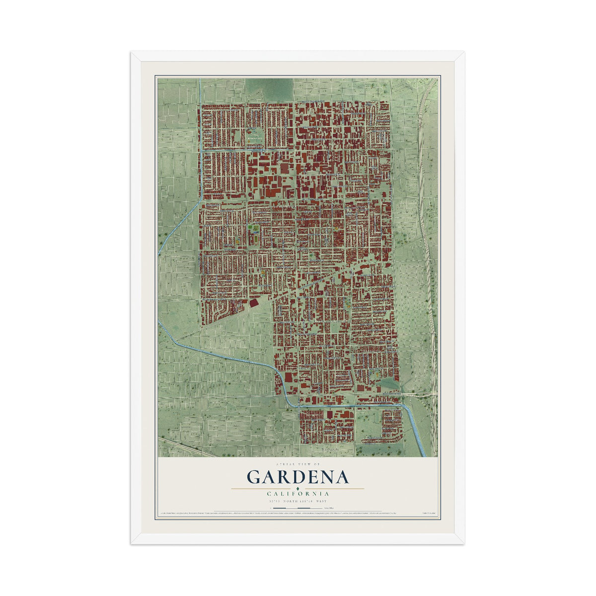Map of Gardena, California, 12 x 18 inch print in a white wood frame