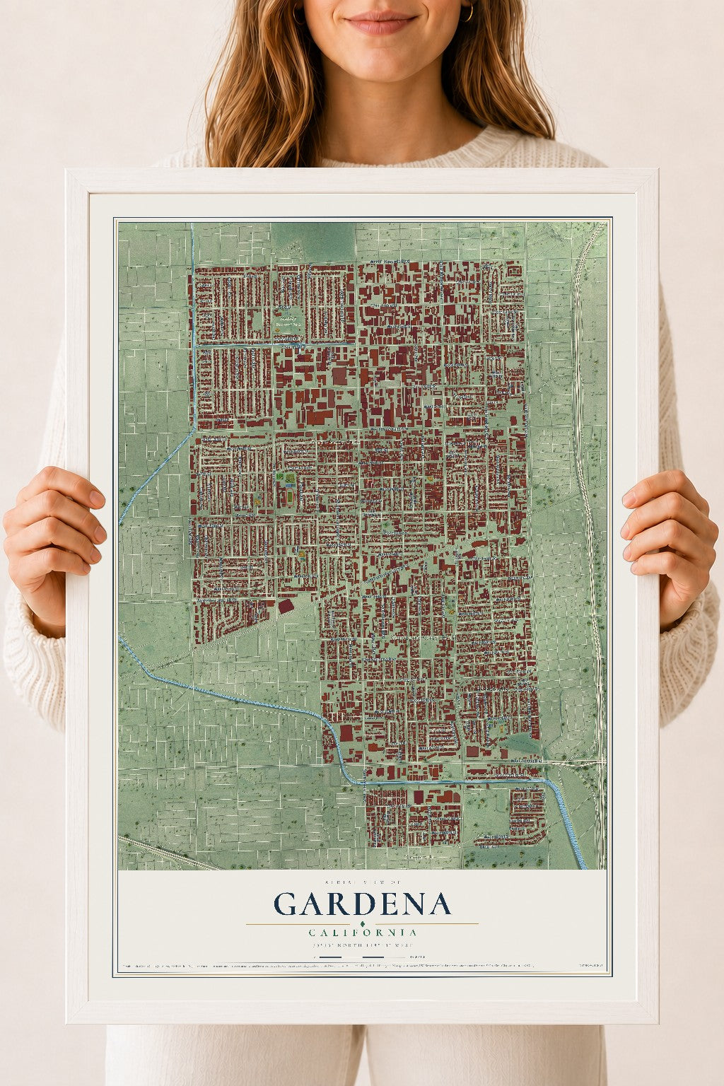 Map of Gardena, California, 18 x 24 inch print in a white wood frame