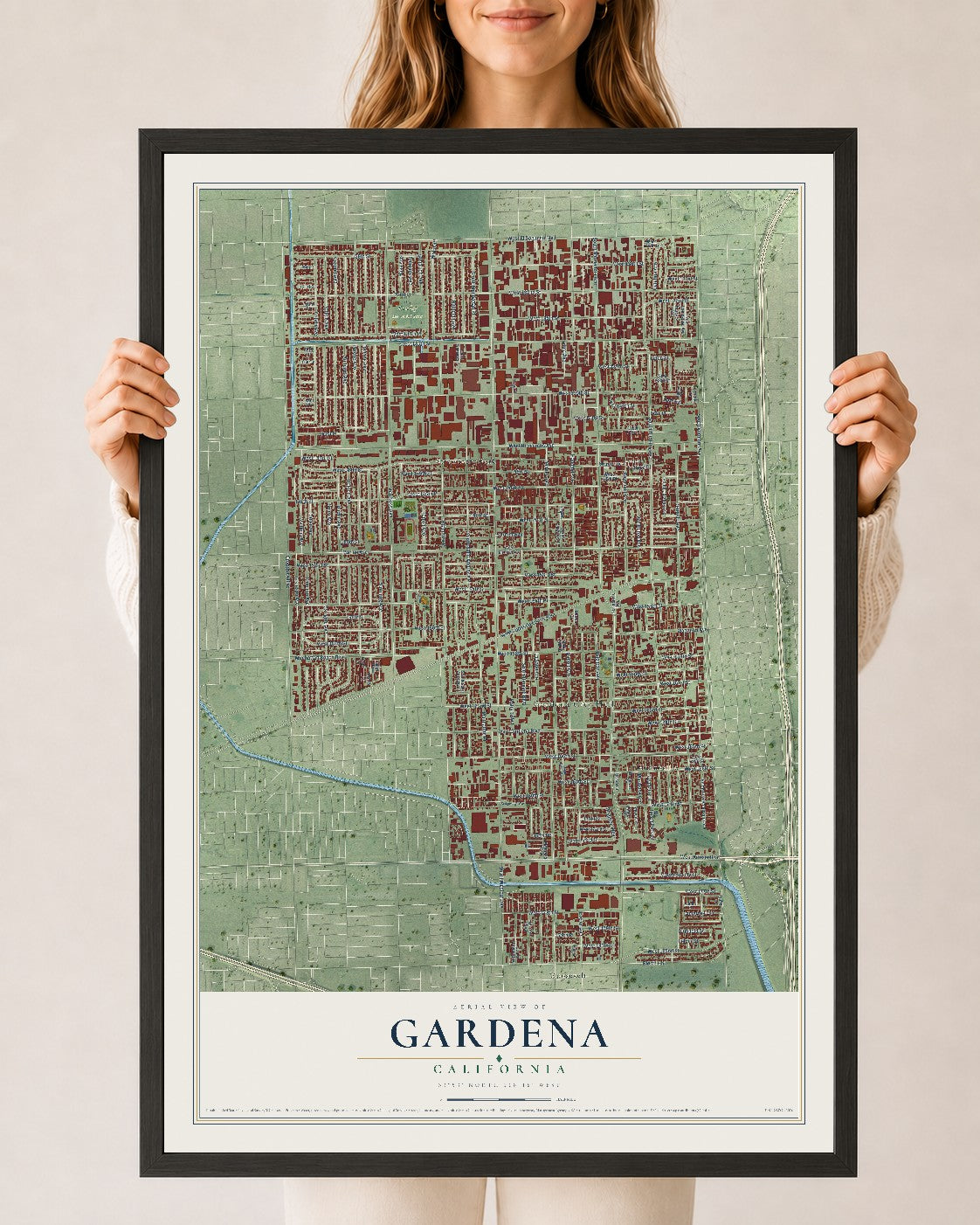 Map of Gardena, California, 24 x 36 inch print in a black wood frame