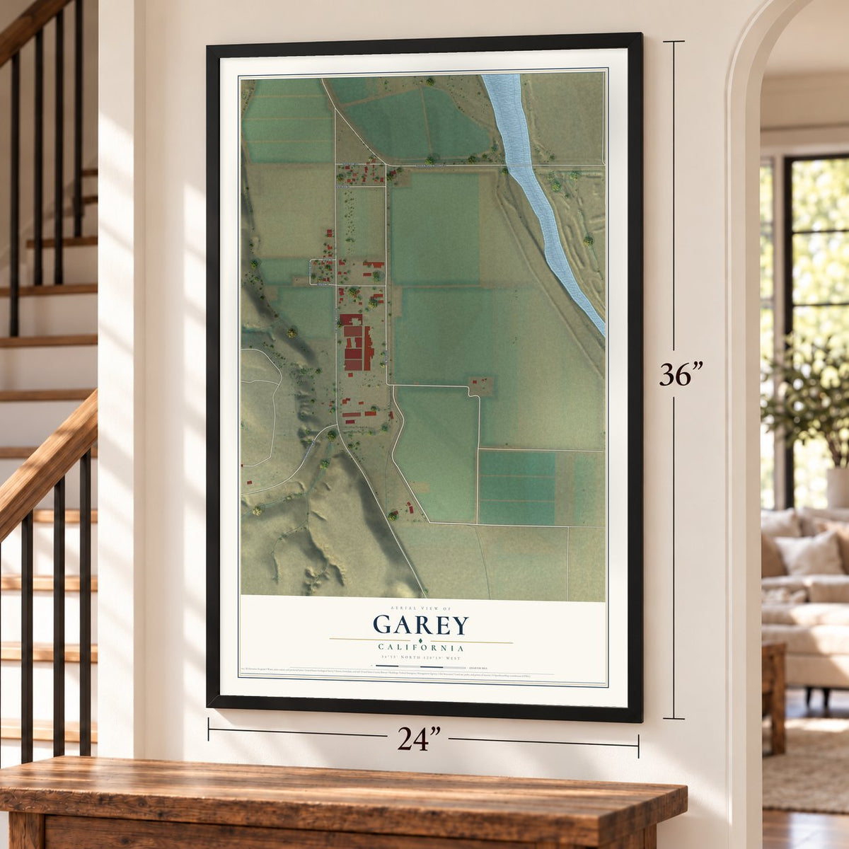 Garey, California map, 24 x 36 inch print in a black frame by a staircase